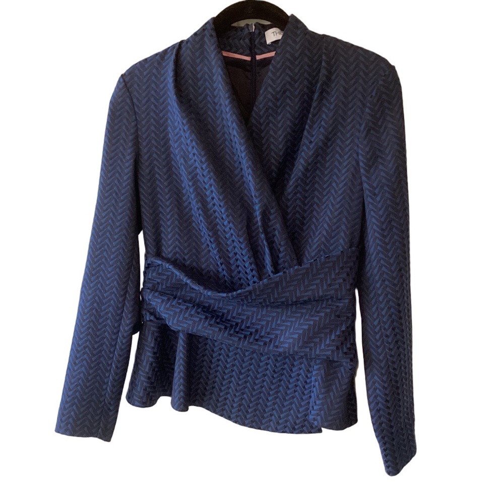The Fold Navy Textured Wrap Suit Jacket